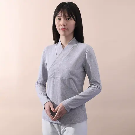 中式上衣改良汉服立领内搭女士交领斜襟长袖打底衬衫衬衣图片