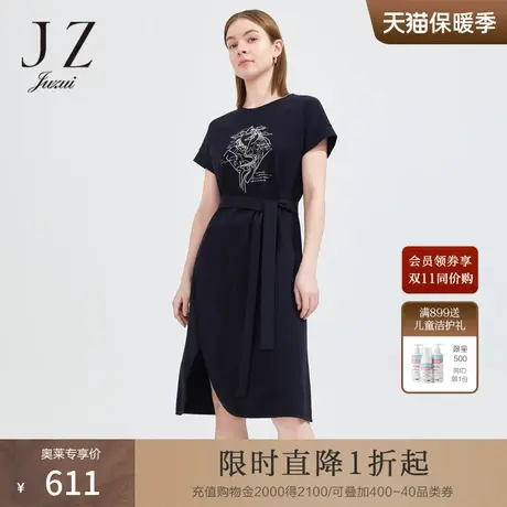 JZ玖姿简约圆领棉时尚开衩裙子女2022夏季新款系带收腰短袖连衣裙商品大图