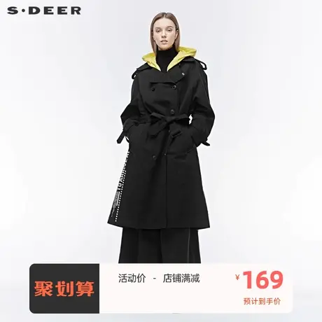 sdeer圣迪奥女装双排扣收腰字母胶印条纹拼接连帽风衣S19381815🦕商品大图