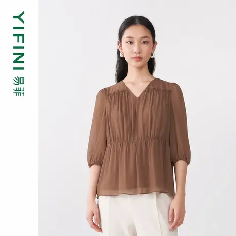 [专柜同款]Yifini/易菲压褶拼接轻薄高级感雪纺上衣短款套头小衫商品大图