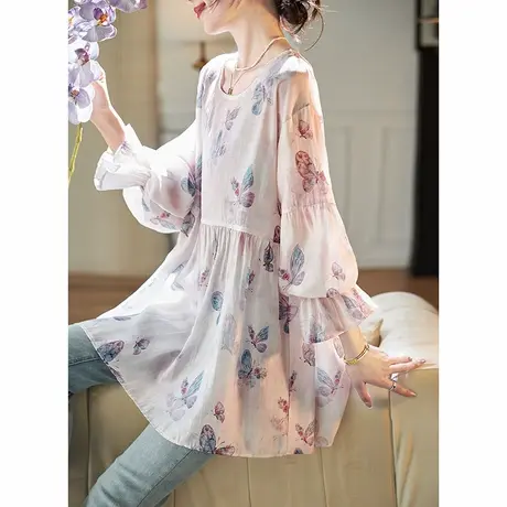 宝诗黎圆领蝴蝶印花宽松长袖衬衫2025春季中长款洋气减龄雪纺上衣商品大图