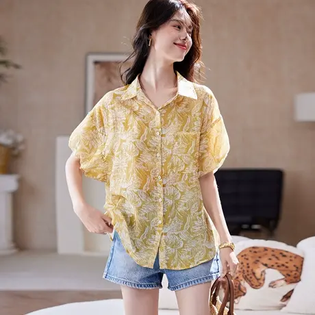宝诗黎OL翻领印花短袖衬衫女2025夏季韩系时尚休闲宽松减龄衬衣图片