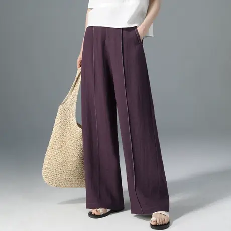 紫色天丝亚麻阔腿裤女夏季薄款设计感新款垂感裤子显瘦休闲直筒裤图片