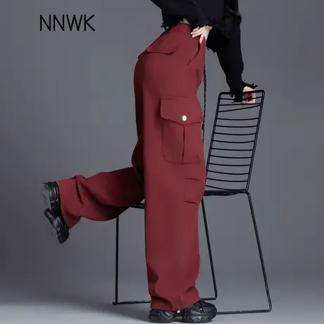酒红色美式工装裤女裤2025新款春秋阔腿休闲裤宽松bf慵懒风长裤商品大图