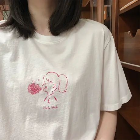 韩国东大门夏季可爱女孩卡通印花休闲宽松柔软棉短袖T恤女上衣服商品大图