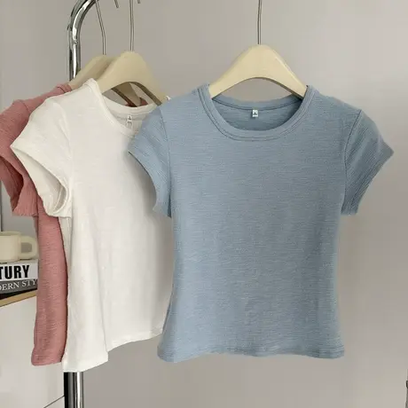 韩系正肩短袖T恤女夏季2025新款修身韩版打底衫内搭短款半袖上衣商品大图