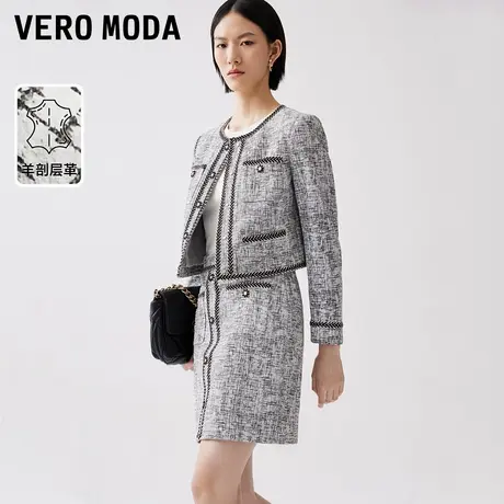 Vero Moda奥莱皮衣外套女春秋新款羊剖层革圆领小香风上衣图片