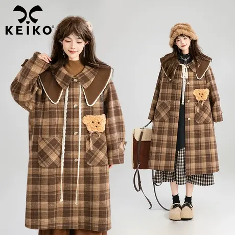 [赠云肩]复古格子羊毛混纺呢大衣女秋冬高级感气质中长款呢子外套图片