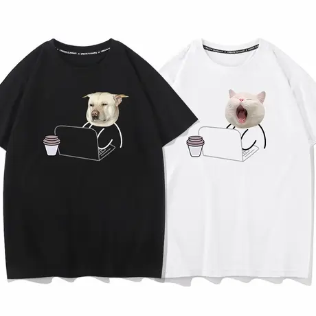 创意工作猫狗无性别短袖夏季新款打工人趣味宽松大码纯棉短袖男图片