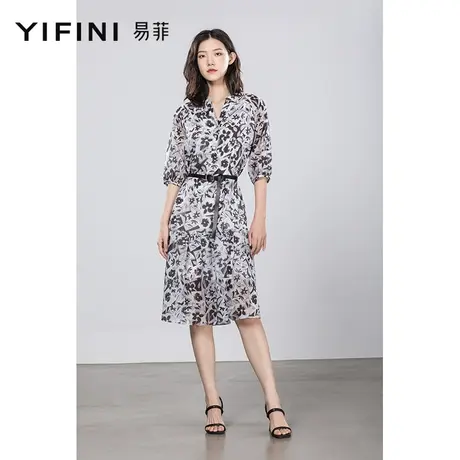 Yifini/易菲雪纺宽松连衣裙女薄款夏季新款休闲通勤黑白印花商品大图