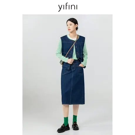 Yifini/易菲明线直筒中长款半裙女秋季新款纯棉牛仔半身裙图片