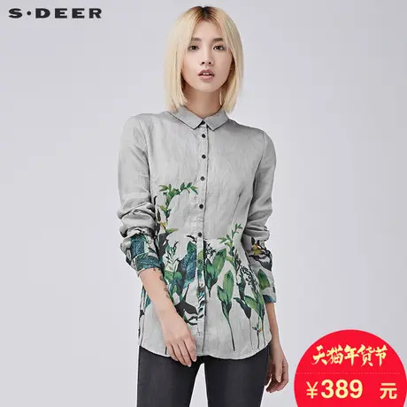sdeer圣迪奥女装2018冬装细腻笔触勾勒草木印花长袖衬衫S16480518图片