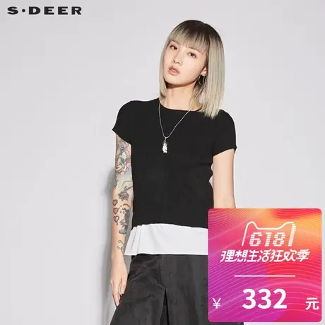 sdeer圣迪奥2019新款女夏圆领竖纹撞色假两件短袖针织衫S18283532图片