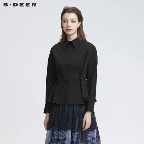 sdeer圣迪奥女装休闲翻领抽褶不规则黑色长袖衬衫S22180502图片