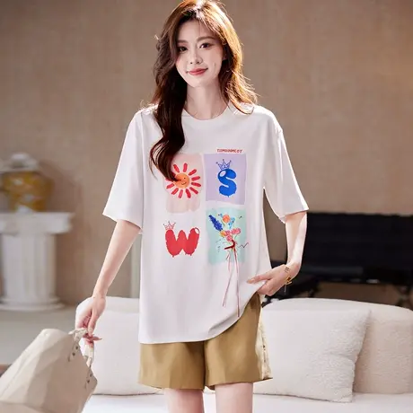 宝诗黎圆领印花棉质白色T恤2025夏季时尚百搭宽松休闲短袖上衣女商品大图