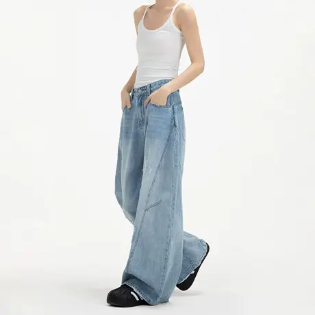 美式复古水洗破洞高腰弯刀阔腿牛仔裤女2025夏季新款宽松休闲长裤商品大图