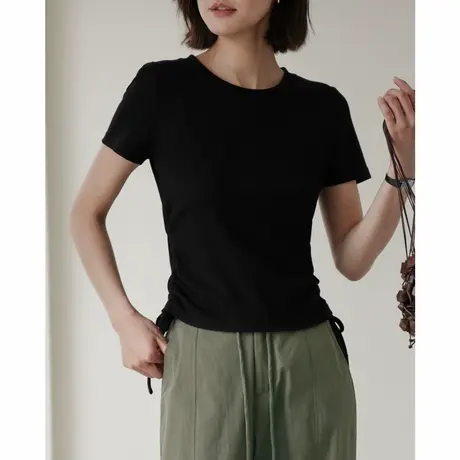 弥古黑色短袖t恤女设计感小众夏季薄款休闲圆领针织显瘦抽绳上衣图片