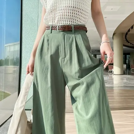 绿色棉麻阔腿裤女夏季薄款高腰垂感宽松显瘦小个子九分翻边直筒裤商品大图