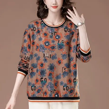 中老年妈妈长袖T恤女春秋宽松加肥加大码卫衣休闲显瘦花色打底衫图片