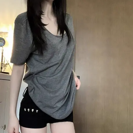 纯欲性感大领口U领短袖T恤女夏季宽松韩版百搭chic甜辣半袖上衣潮商品大图