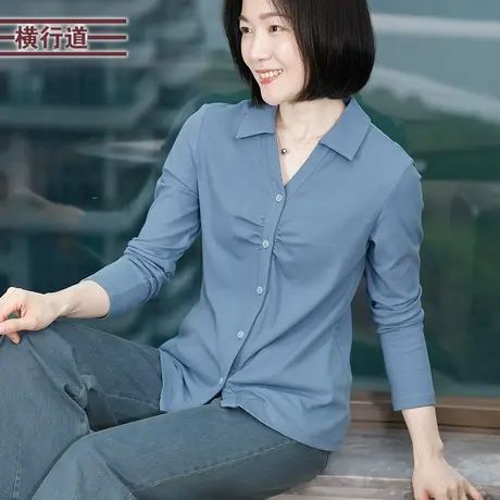 纯色POLO领纽扣褶皱修身上衣打底衫内搭T恤春装韩版简约小衫女图片