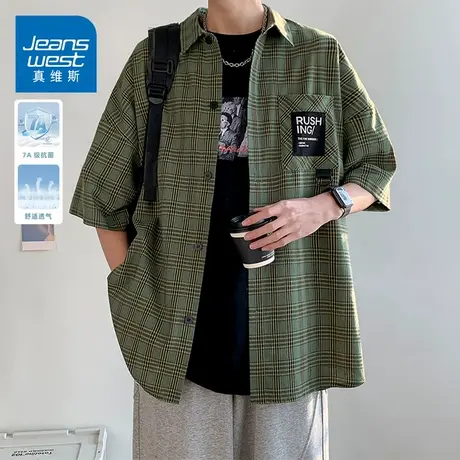 KZH真维斯港风格子短袖衬衫男夏季薄款宽松上衣潮流翻领休闲外套商品大图