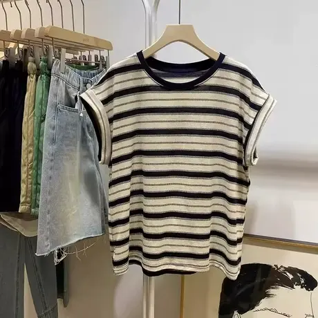 设计感小众条纹飞飞袖T恤女夏季韩版宽松百搭撞色条纹短袖上衣服商品大图