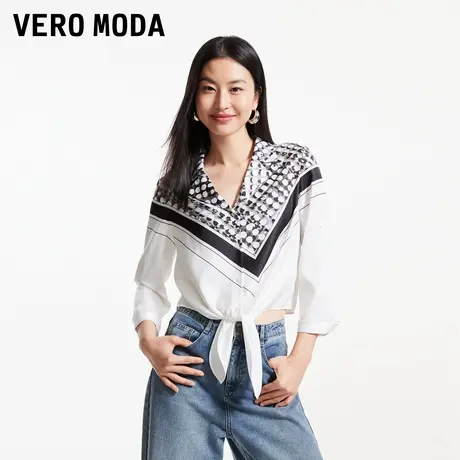 Vero Moda奥莱衬衫女夏季新款七分袖时尚通勤翻领印花打结上衣图片
