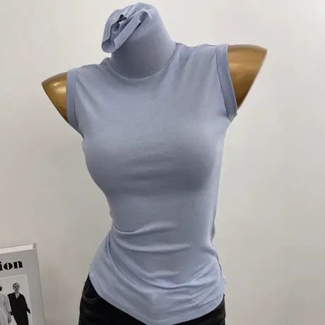 自留款~纯欲风微透高领打底衫女内搭无袖背心显瘦弹力修身T恤上衣图片