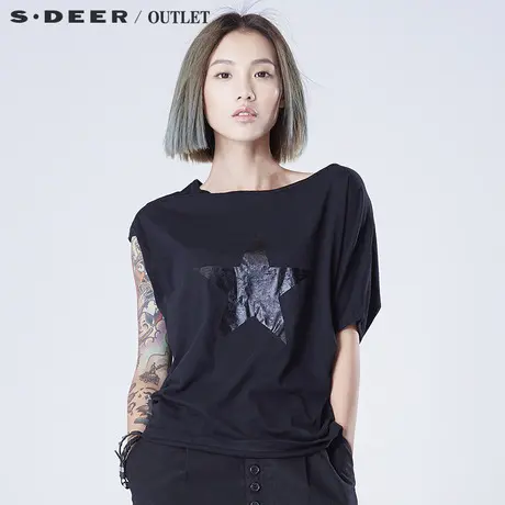 s.🌖deer【🌗新品】🌘圣迪奥专柜正品女装不对称袖简约纯黑T恤S12284195商品大图