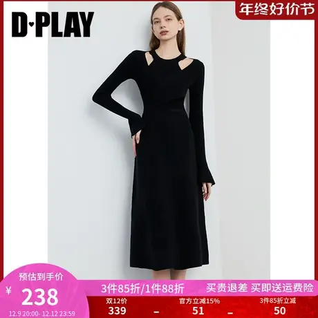 DPLAY春优雅气质圆领镂空交叉绑带针织连衣裙小黑裙女图片