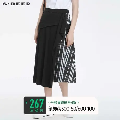 sdeer圣迪奥半身裙夏装格纹拼接设计感小众显瘦长裙女S22261113🙇图片