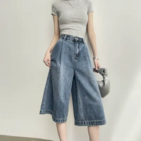 七分牛仔裤女夏季薄款高腰显瘦宽松a字小个子六分宽松直筒阔腿裤商品大图