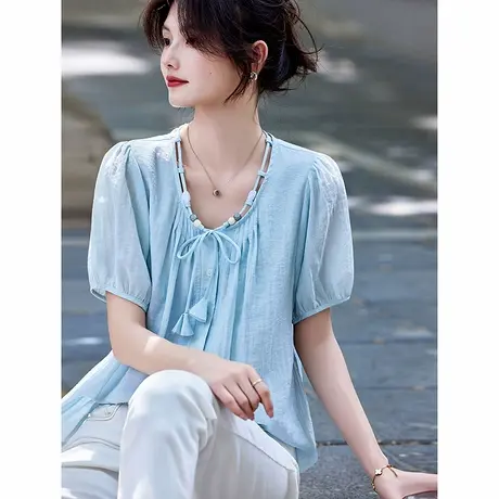 时尚气质短袖衬衫2025年夏季新款女减龄纯色百搭温柔淑女甜美上衣图片