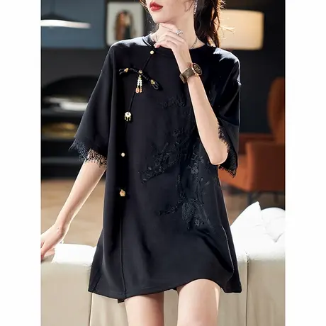 宝诗黎圆领国风刺绣拼接短袖T恤2025夏季新中式重工棉质中长上衣图片