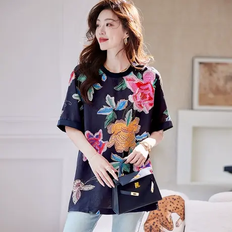 宝诗黎圆领提花宽松短袖T恤女2025夏季新款国风百搭休闲气质上衣图片