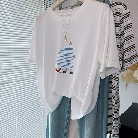 凉爽宽松显瘦复古欧美卡通人物印花雪花棉白色短袖T恤女薄上衣服图片