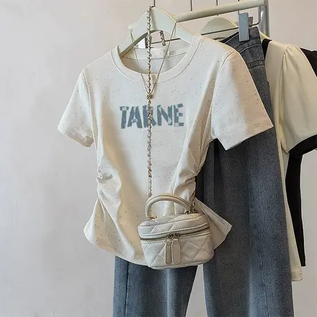 甜妹风彩虹波点褶皱收腰短款t恤女新款夏季高腰显瘦洋气短袖上衣商品大图