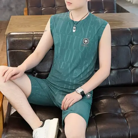 2025夏季新款男士冰丝背心套装无袖T恤加肥加大码速干男装家居服商品大图