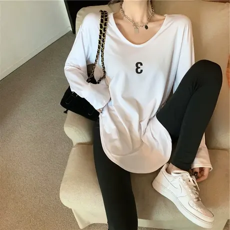 2021春装新款百搭不规则叠穿设计感长袖T恤女纯棉上衣白色打底衫图片