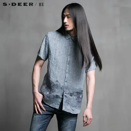 S.Deer/He【惠】圣迪奥男装古风亚麻款短袖衬衫H15270451图片