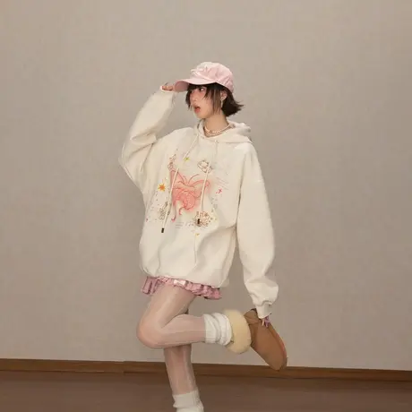 YEP蝴蝶印花连帽卫衣女春秋2025新款美式复古帽衫情侣装外套加绒图片
