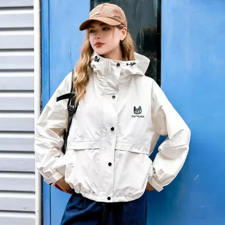 a02防风拉链设计感印花宽松连帽外套2025春季休闲百搭女式风衣商品大图