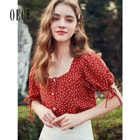Oece春夏新款女装沁甜复古温柔方形领系带短袖印花上衣衬衫商品大图