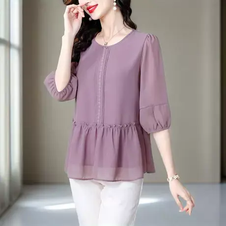 中袖雪纺衬衫女2025新款夏季高级感宽松遮肚子显瘦洋气妈妈上衣图片