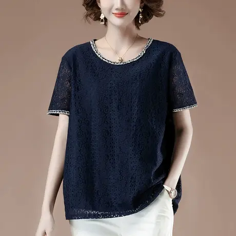 中老年妈妈夏季短袖蕾丝衫女宽松加肥加大码女装洋气遮肚显瘦上衣图片