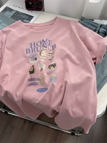 粉色宽松纯棉短袖t恤女2024新款夏薄款洋气印花休闲百搭圆领上衣商品大图