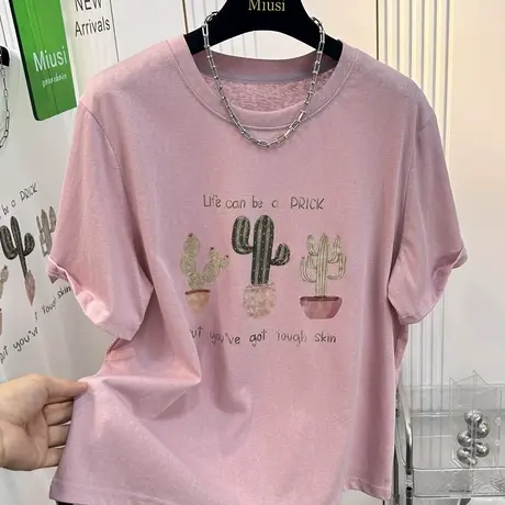 夏季舒适面料雪花棉T恤正肩透气宽松独特漂亮减龄款女装短袖上衣图片