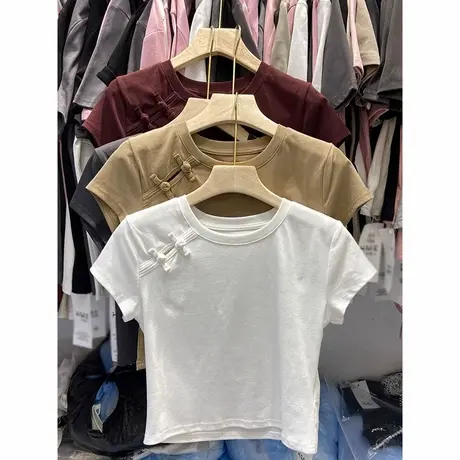 夏季2025新款国风盘扣短袖T恤女韩版百搭修身短款新中式上衣体恤商品大图