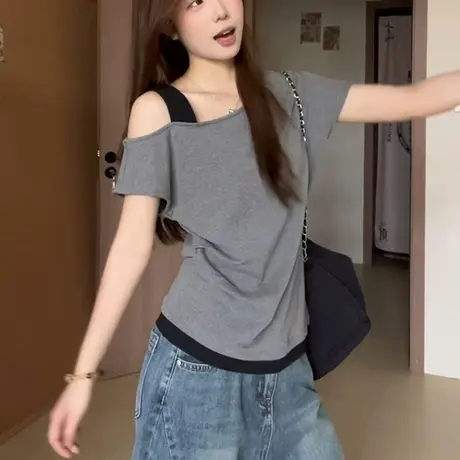 撞色设计感假两件斜肩短袖T恤女夏季修身韩版辣妹露肩半袖上衣潮商品大图